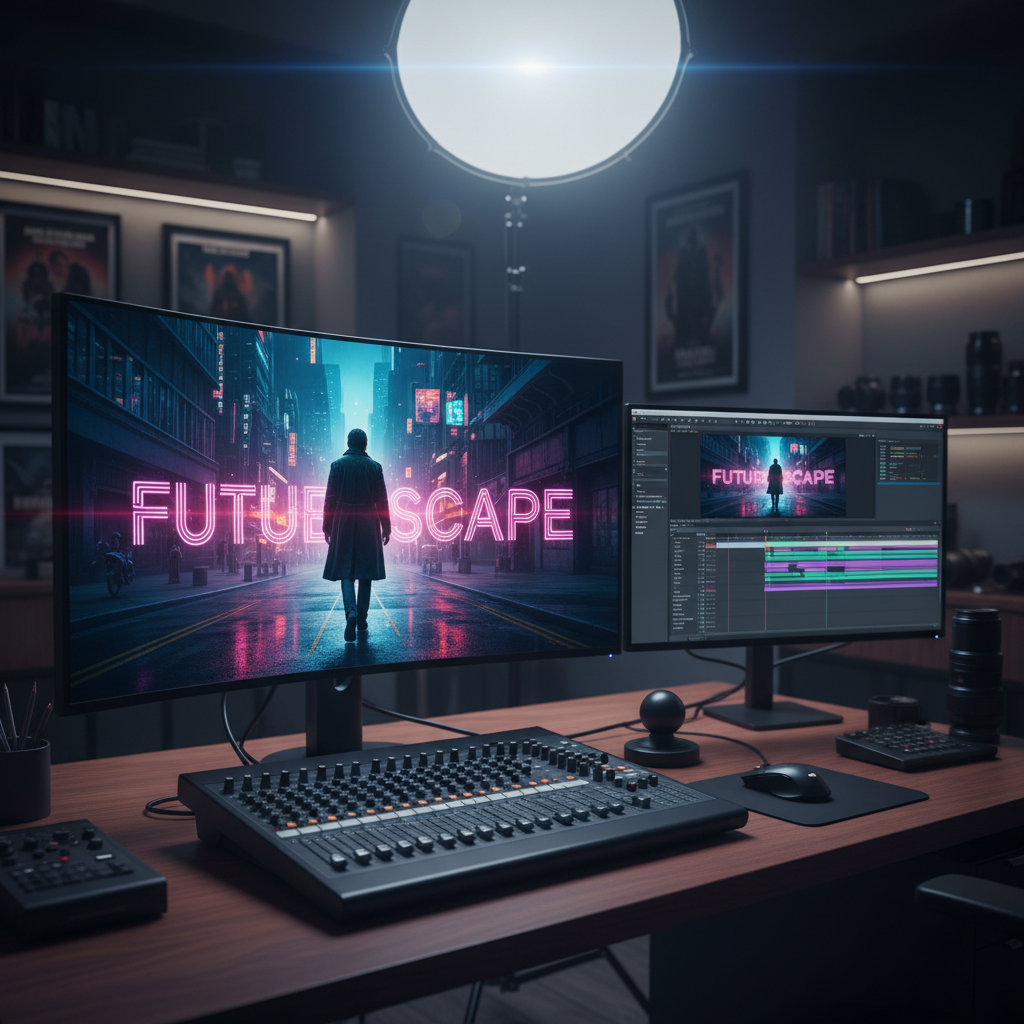 Estudio de edición profesional con dos monitores que muestran un proyecto de video titulado Futurescape, una mesa de mezclas de audio y equipo de producción sobre un escritorio de madera.