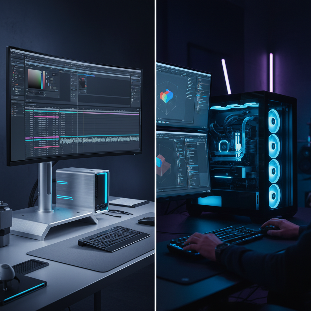 Dos configuraciones de escritorio de trabajo con monitores, teclados y torres de computadora con iluminación LED azul en entornos oscuros.