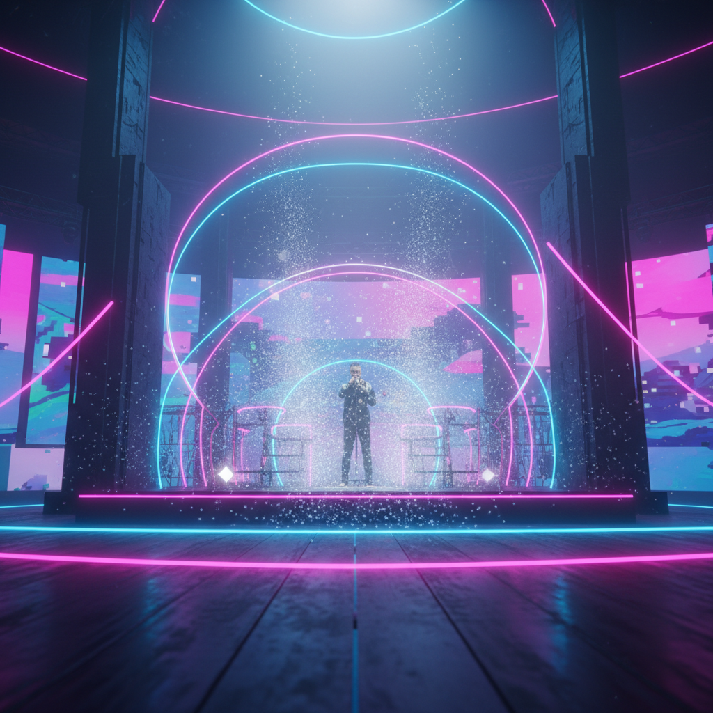 Un cantante actúa en un escenario iluminado con luces de neón circulares azules y rosas rodeado de partículas brillantes.