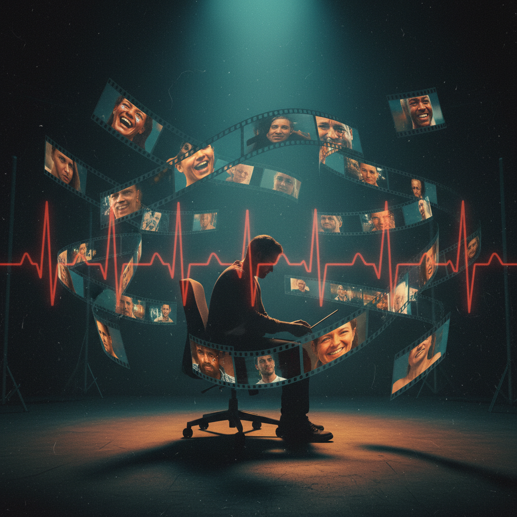 Persona sentada en una silla de oficina rodeada por una espiral de rollos de película cinematográfica con rostros de personas y una línea de electrocardiograma roja superpuesta en un entorno oscuro.