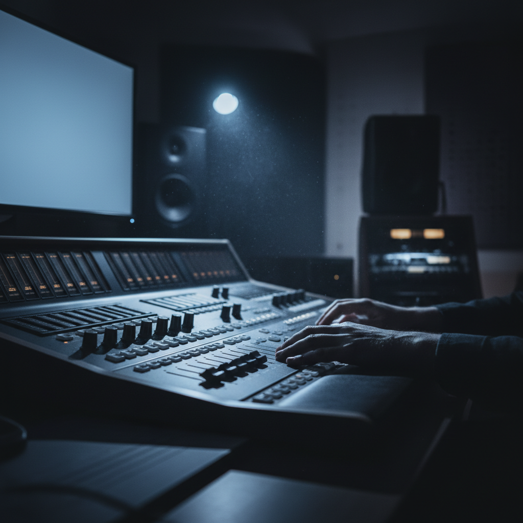 Persona manipulando una consola de mezclas profesional en un estudio de grabación con iluminación tenue.