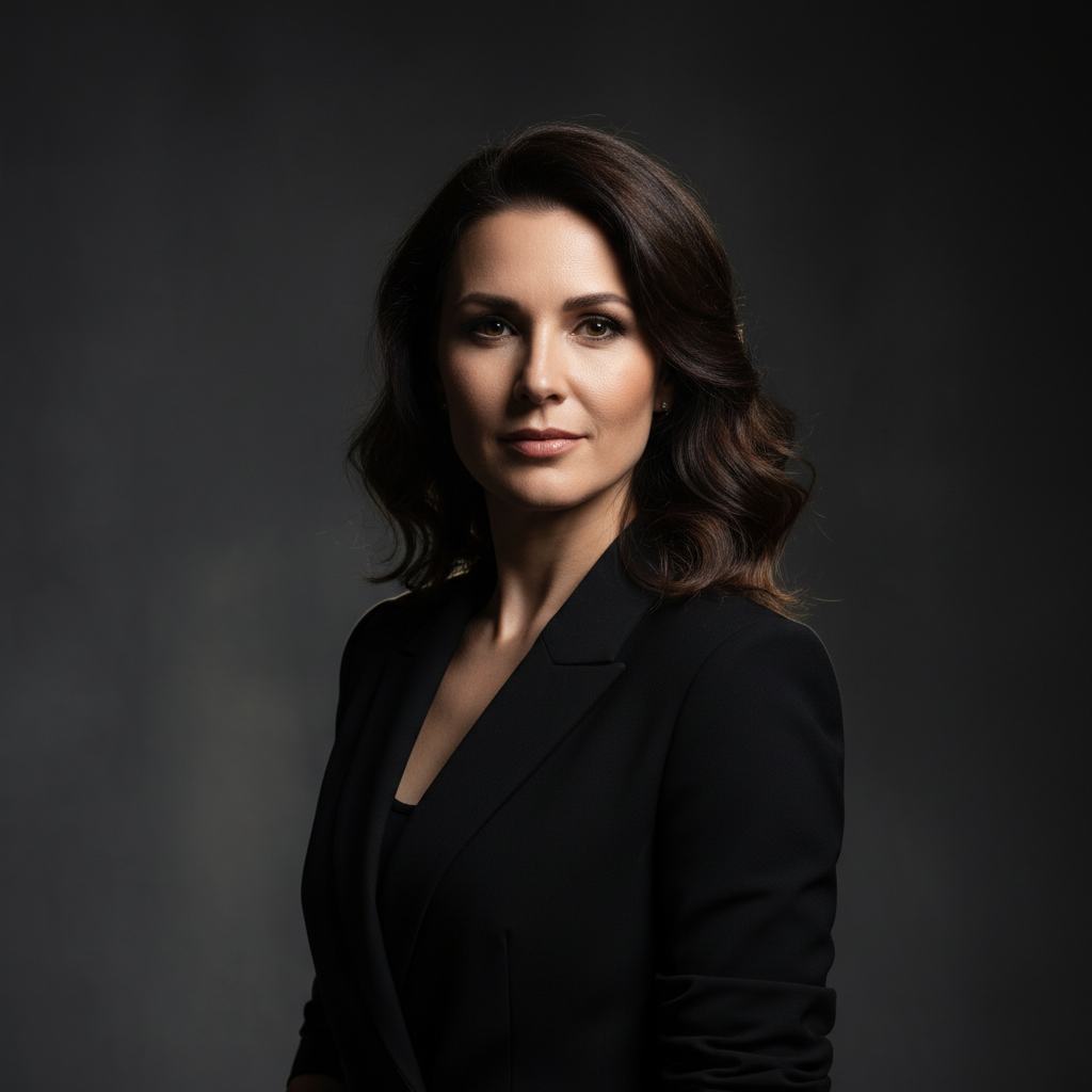 Retrato de una mujer profesional con cabello castaño ondulado y blazer negro sobre un fondo gris neutro.