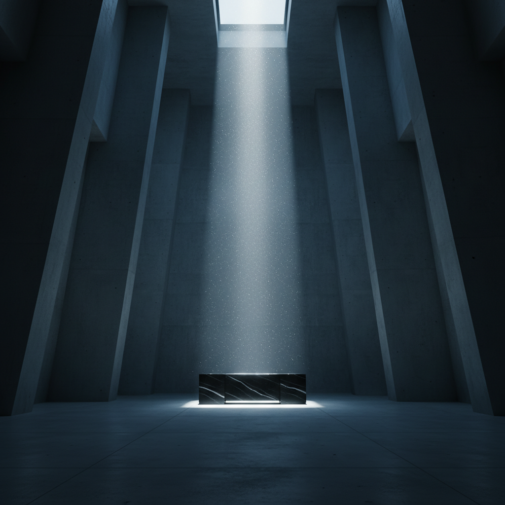 Un altar de mármol negro situado en el centro de un gran espacio arquitectónico minimalista de hormigón iluminado por un haz de luz cenital.