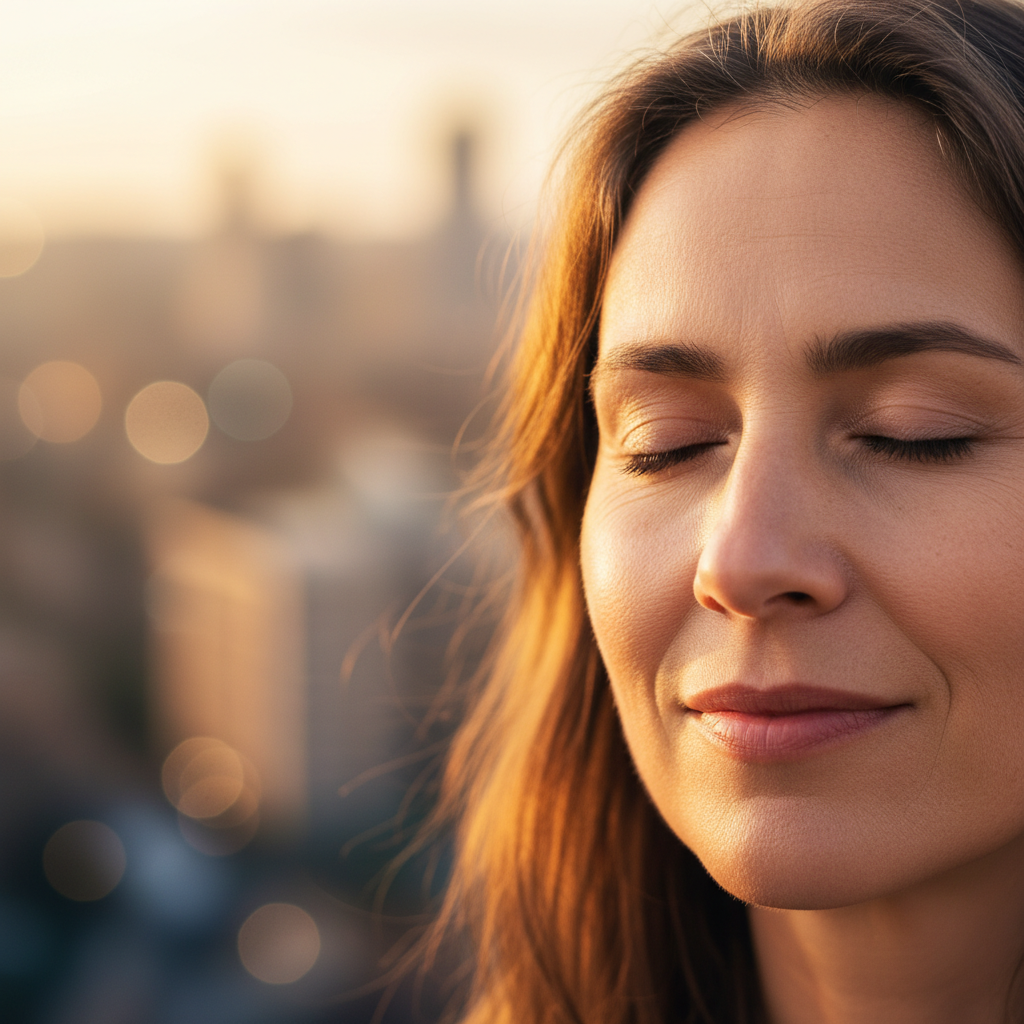 Mujer joven con los ojos cerrados disfrutando de la luz del atardecer en un entorno urbano.
