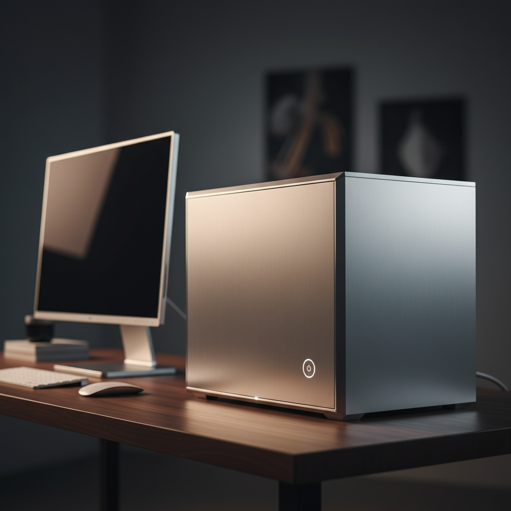 Computadora de escritorio compacta con acabado metálico plateado sobre un escritorio de madera junto a un monitor.