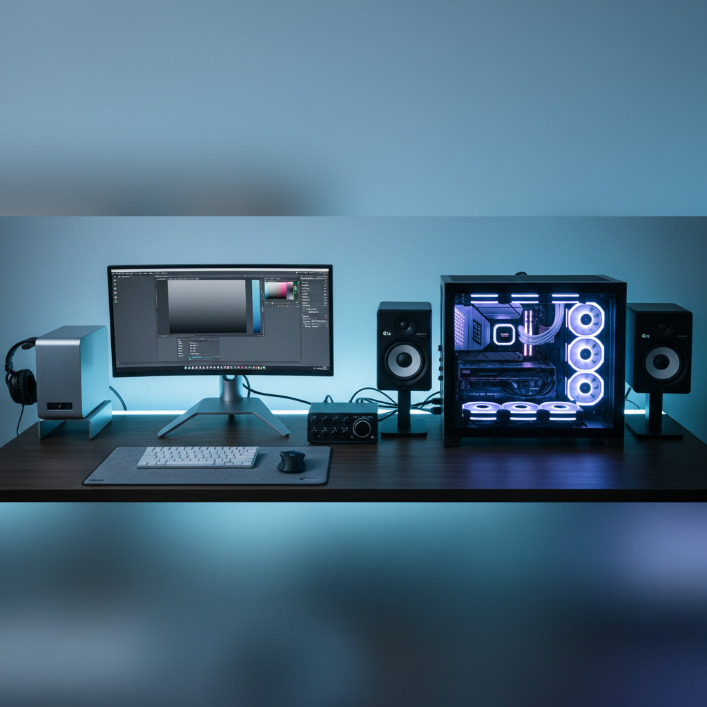 Escritorio de trabajo con monitor curvo, ordenador de torre iluminado, teclado, ratón y altavoces sobre mesa de madera.