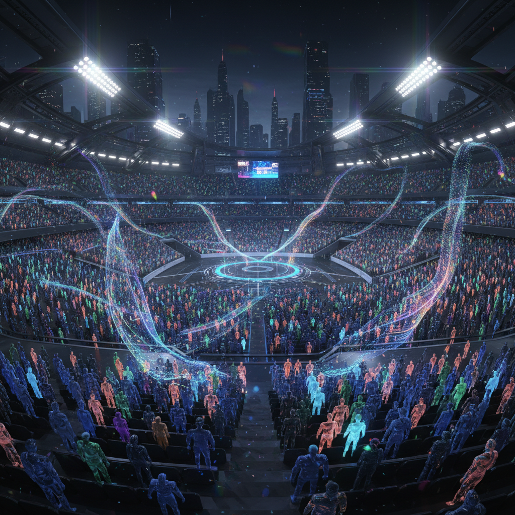 Estadio futurista lleno de espectadores holográficos de colores bajo un cielo nocturno con rascacielos.