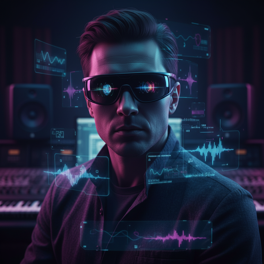 Productor musical con gafas tecnológicas visualizando ondas sonoras digitales en un estudio.
