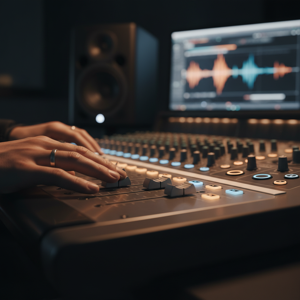 Manos de un técnico ajustando los faders de una mesa de mezclas de audio profesional en un estudio con un monitor mostrando formas de onda.