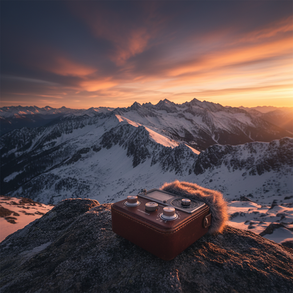 Una radio antigua con acabado en cuero y un protector de micrófono de pelo sobre una roca en una cumbre nevada durante un atardecer.