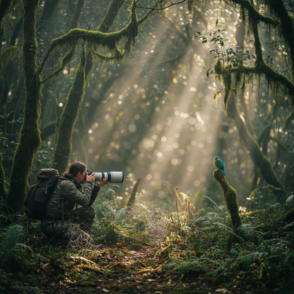Fotógrafa equipada con mochila y teleobjetivo agachada en un bosque húmedo fotografiando un pájaro azul sobre un tronco cubierto de musgo.