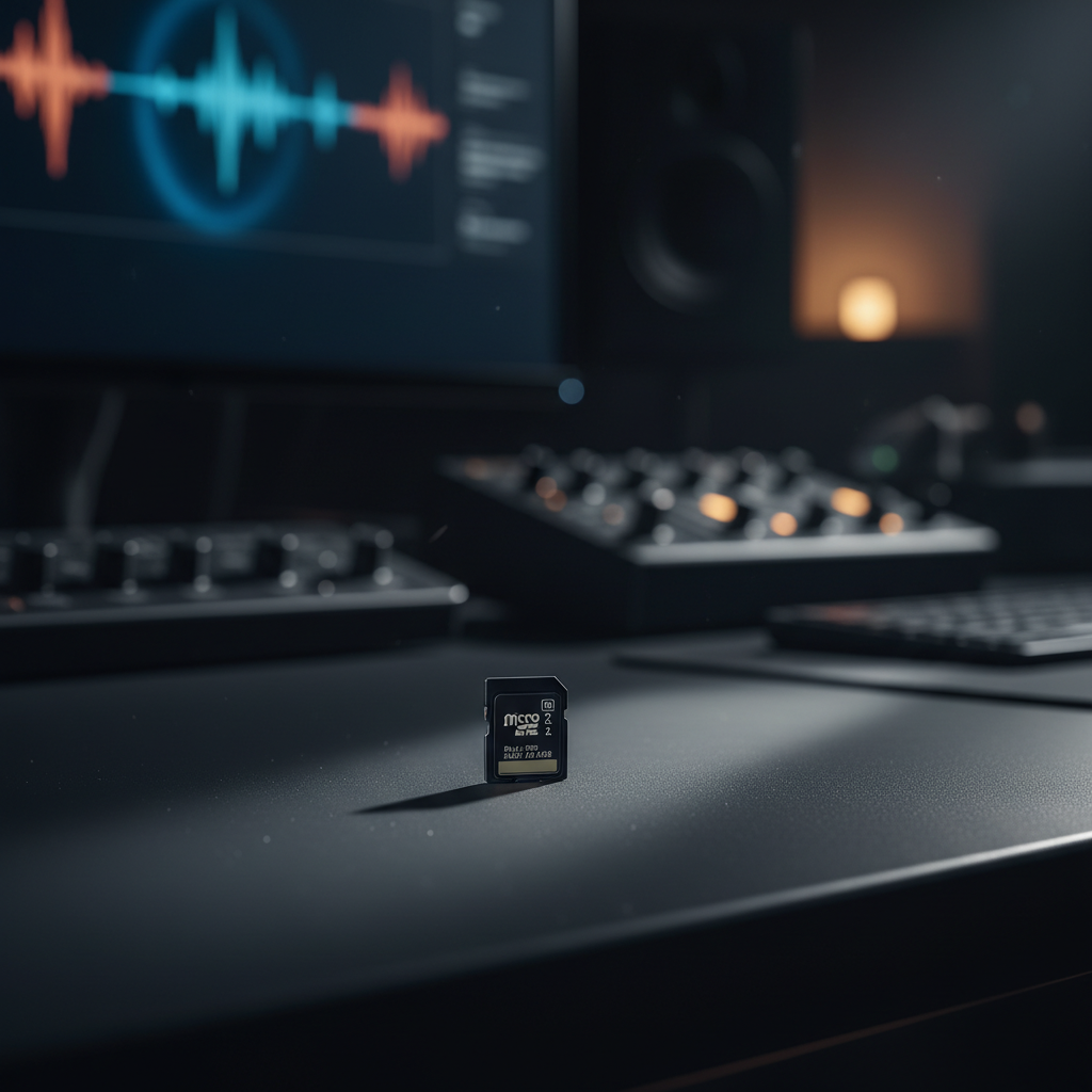 Una tarjeta de memoria microSD colocada sobre un escritorio oscuro en un estudio de grabación con equipo de audio al fondo.