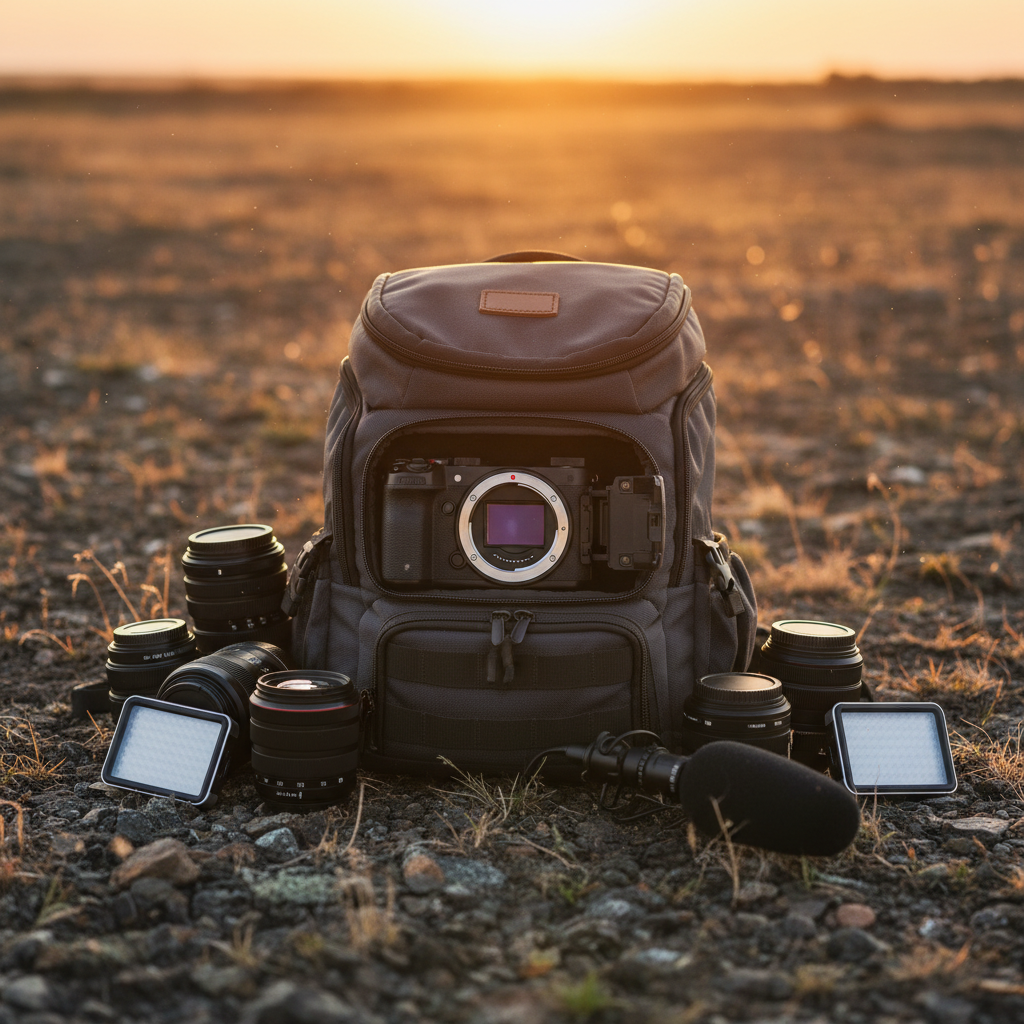 Mochila para equipo fotográfico abierta en el suelo con una cámara sin espejo, varios objetivos y accesorios de iluminación en un paisaje al atardecer.