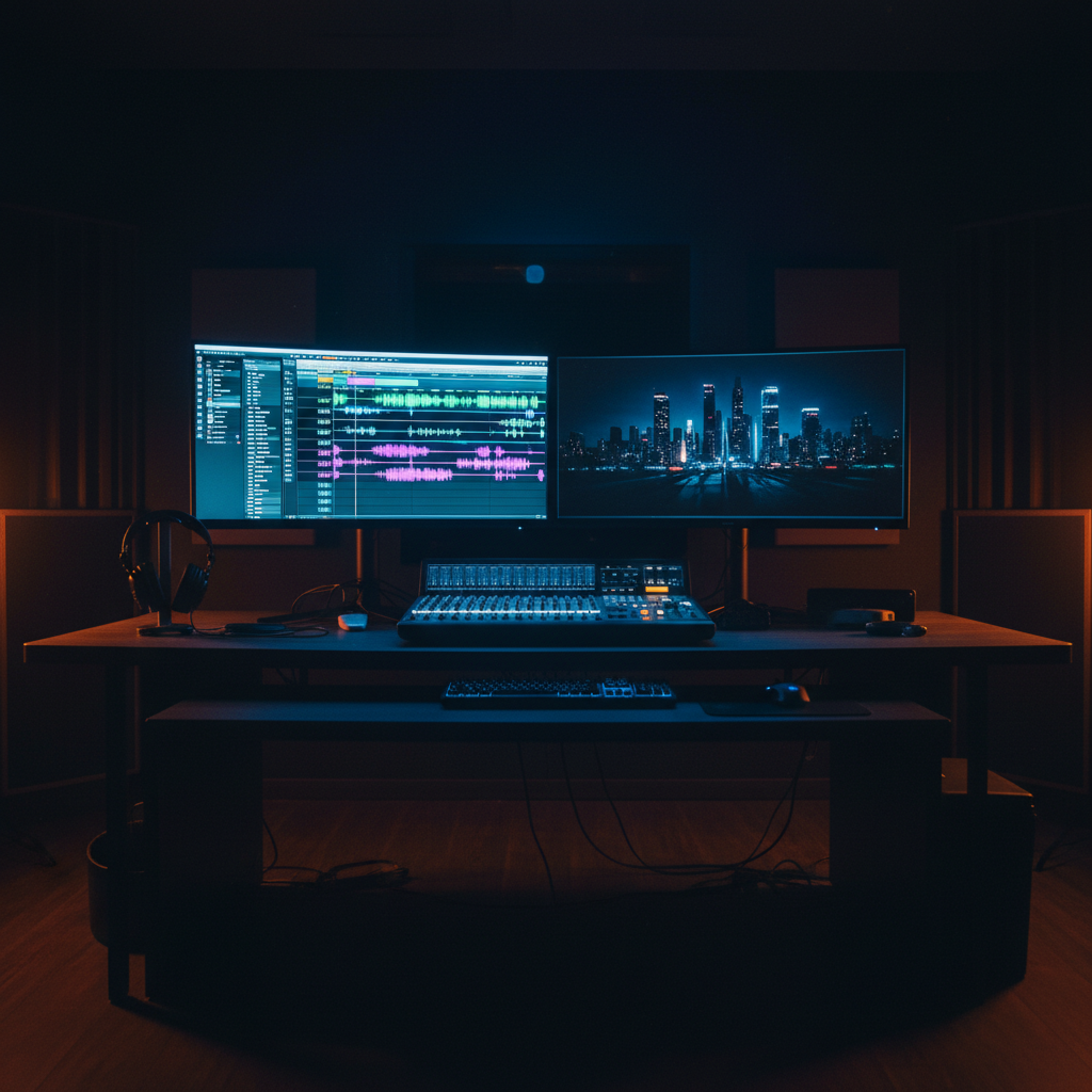 Escritorio de producción musical con dos monitores, consola de mezclas y auriculares en un estudio con iluminación tenue.