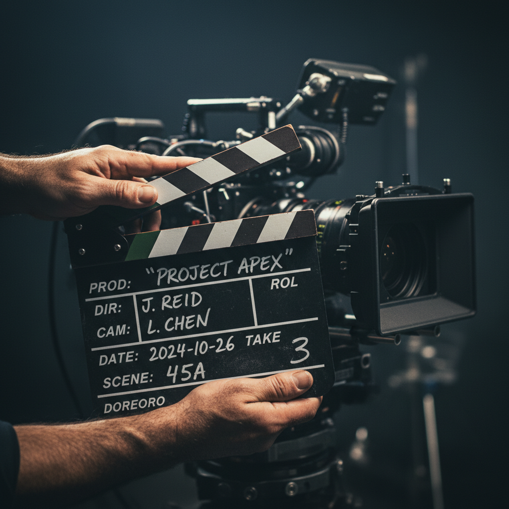 Claqueta de cine con el título Project Apex sostenida frente a una cámara profesional de video.