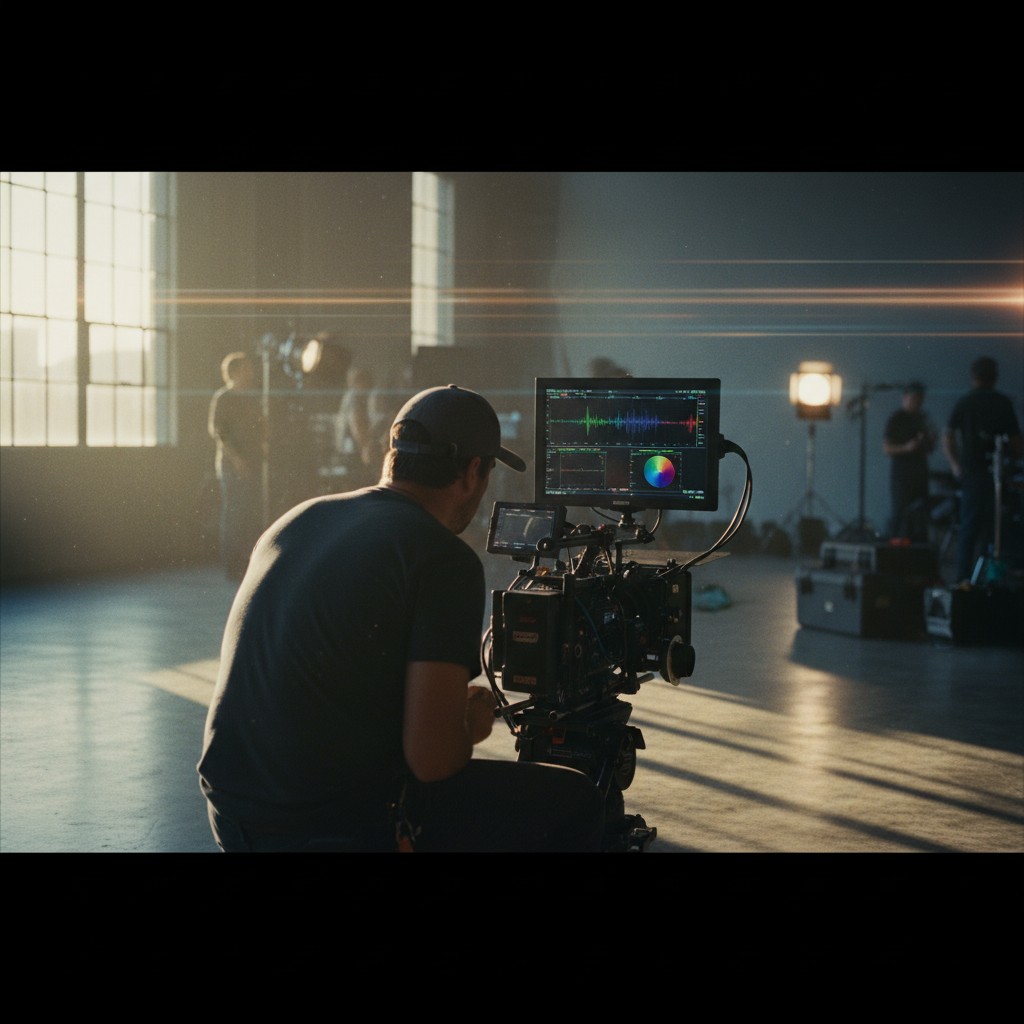 Operador de cámara profesional ajustando un equipo cinematográfico en un estudio con iluminación cinematográfica.