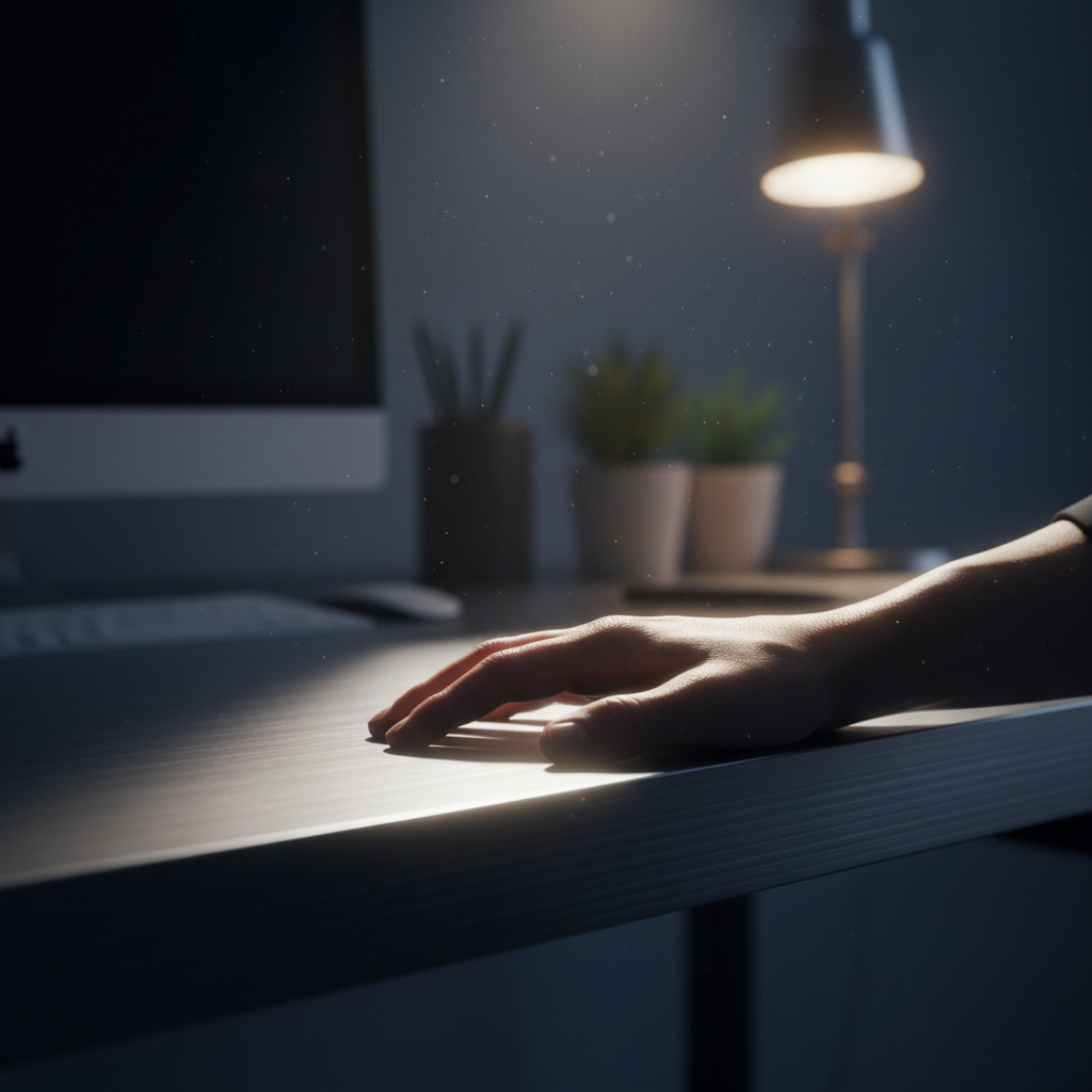 Mano apoyada sobre un escritorio en una oficina con iluminación tenue y un ordenador al fondo.