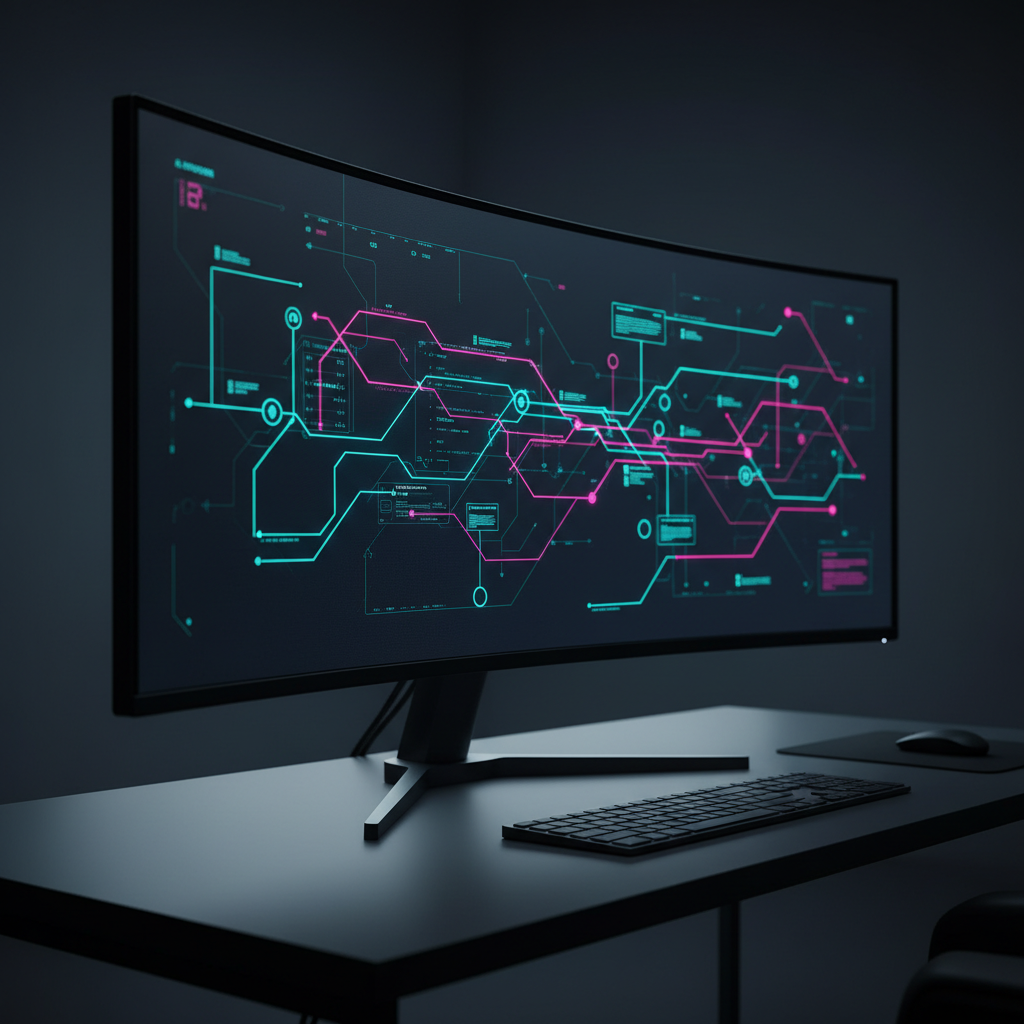 Monitor curvo panorámico sobre un escritorio con una interfaz digital de líneas y nodos de colores cian y magenta.