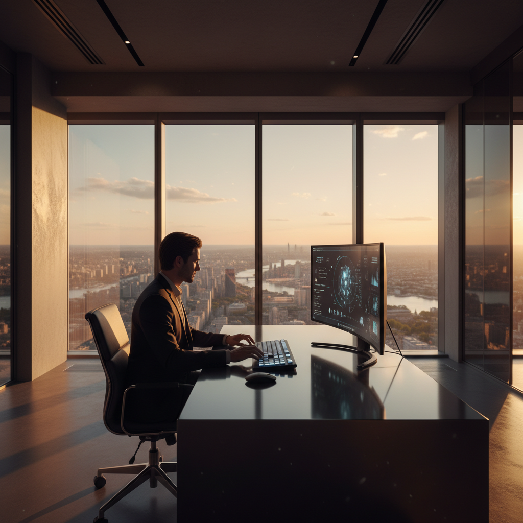 Ejecutivo trabajando en su ordenador con una interfaz de datos avanzada en un despacho con vistas a una ciudad al atardecer.