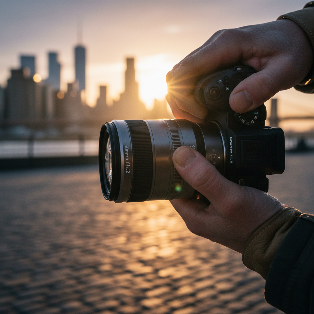 Primer plano de unas manos sosteniendo una cámara fotográfica con objetivo de 50mm ante un horizonte urbano durante el atardecer.