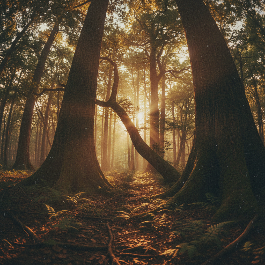 Bosque antiguo con árboles gigantes y rayos de luz solar filtrándose entre el follaje al atardecer.