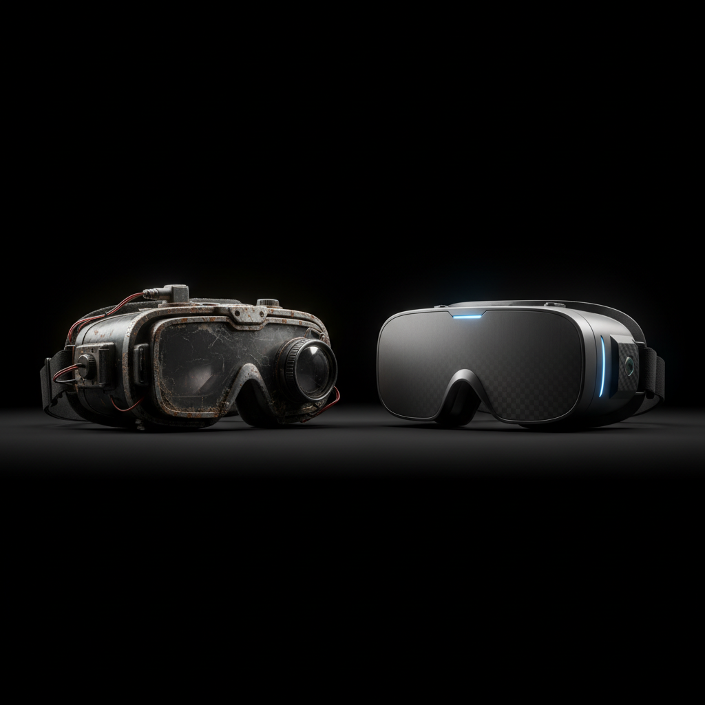 Dos visores de realidad virtual, uno de aspecto antiguo y desgastado con cables expuestos frente a otro moderno, elegante y con luces LED azules sobre un fondo negro.