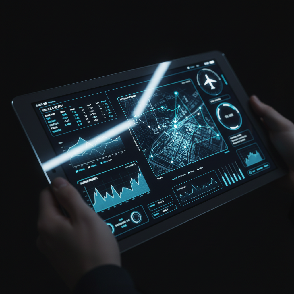 Persona sosteniendo una tableta digital con gráficos de datos y un mapa interactivo de ciudad con una interfaz futurista.