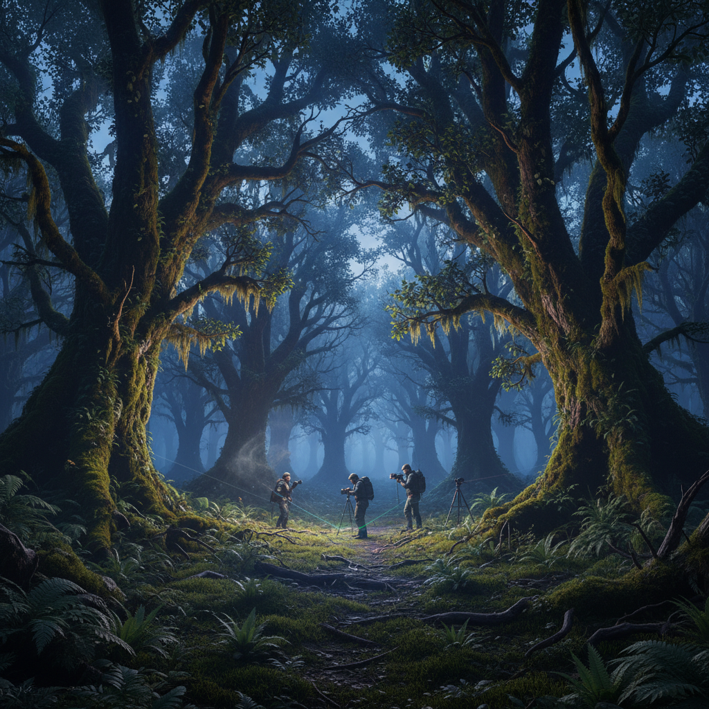 Tres investigadores equipados con cámaras y equipos de medición trabajan en un bosque antiguo rodeado de árboles cubiertos de musgo bajo una luz tenue.