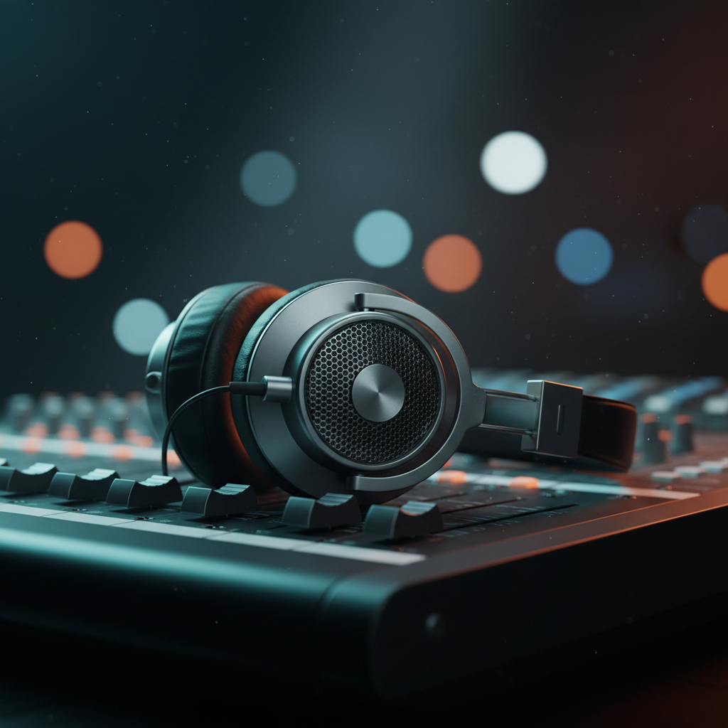 Auriculares profesionales de estudio reposando sobre una mesa de mezclas de audio con luces bokeh de fondo.