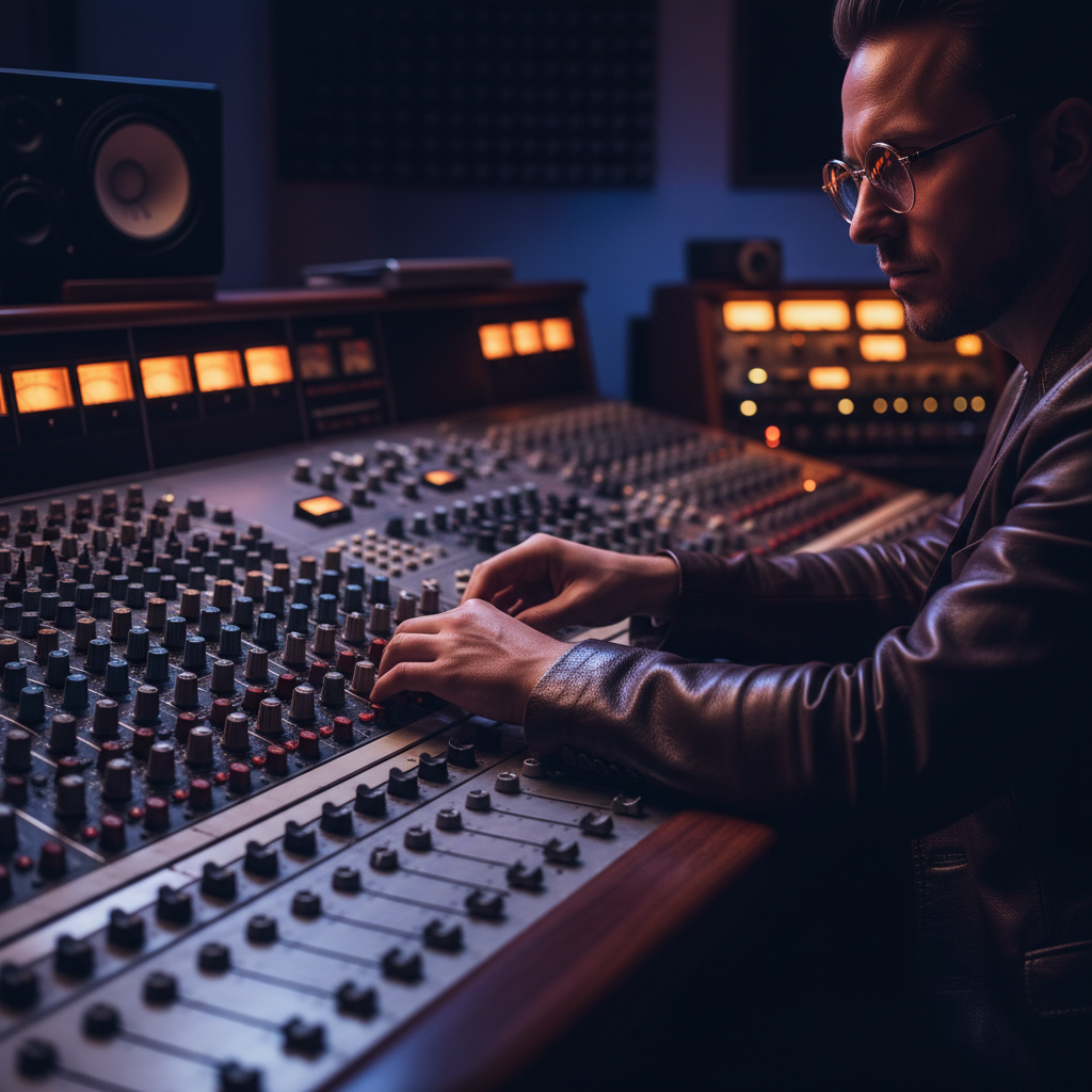Productor musical con gafas y chaqueta de cuero ajustando una mesa de mezclas profesional en un estudio de grabación con iluminación tenue.