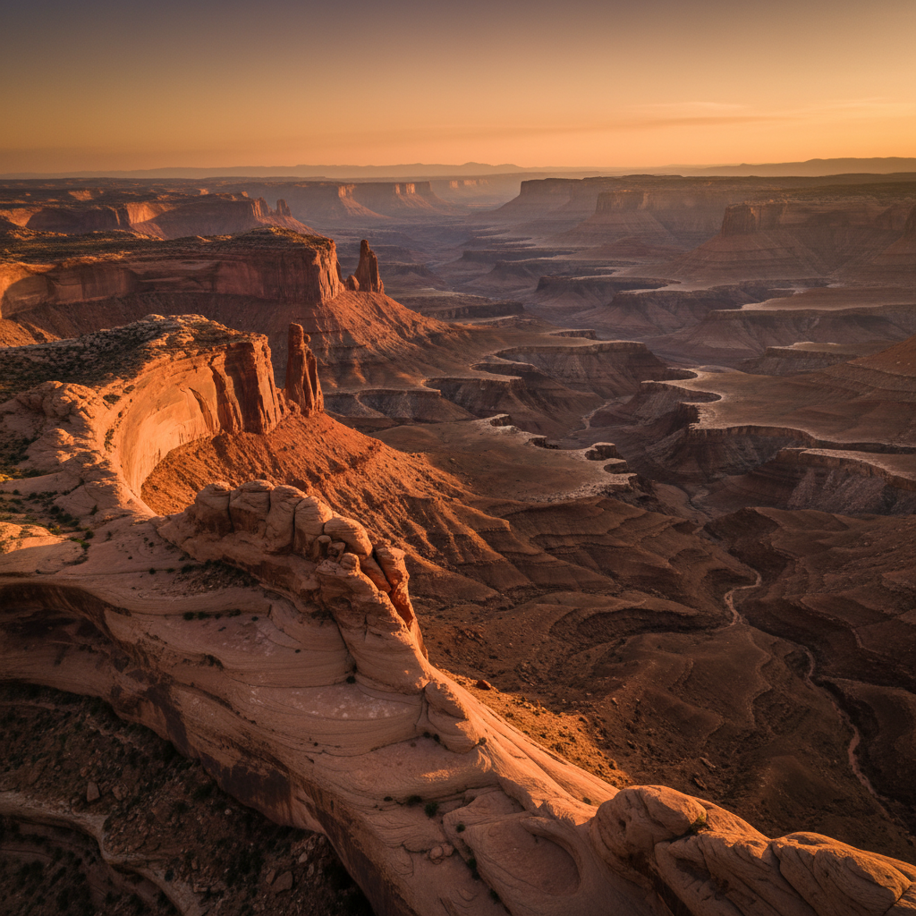 Vista panorámica de un cañón desértico con formaciones rocosas al atardecer en Canyonlands.