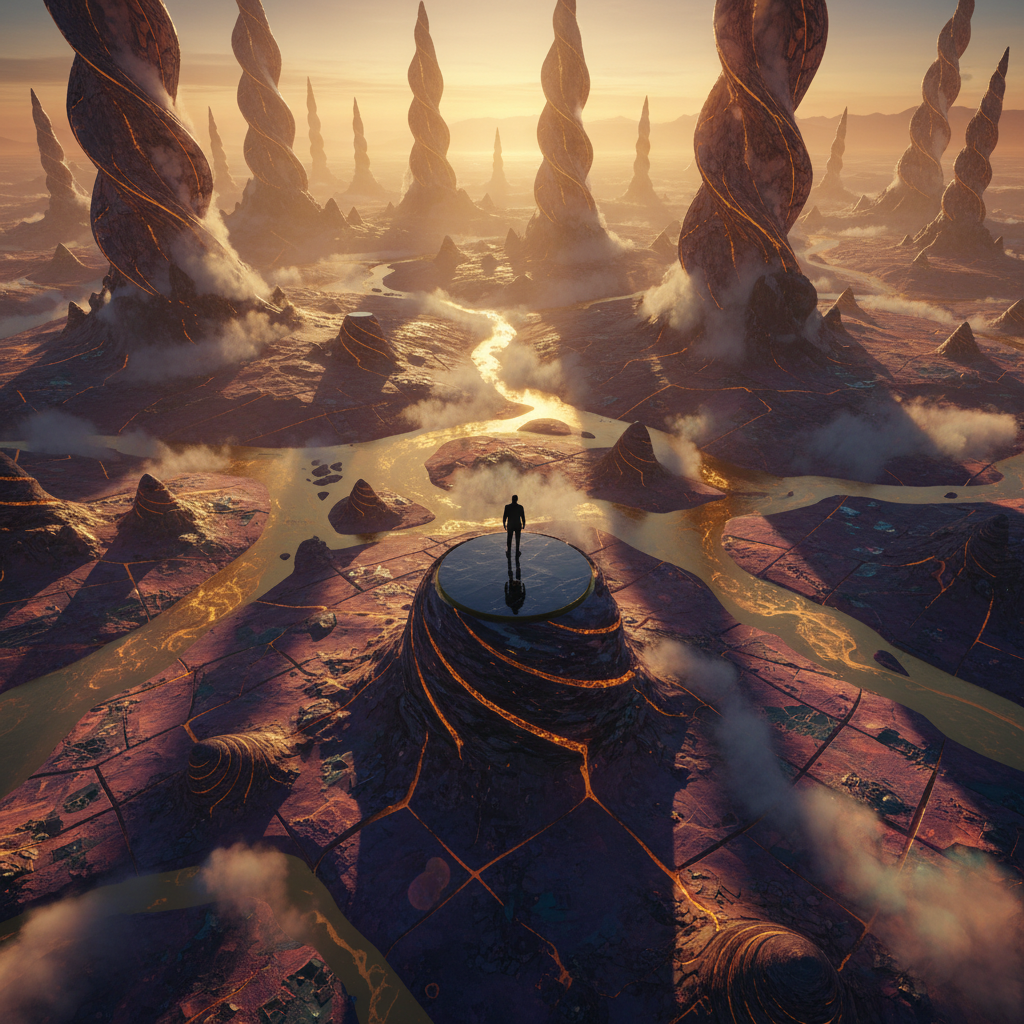 Persona solitaria sobre una plataforma circular en un paisaje alienígena con grandes torres retorcidas, formaciones rocosas fracturadas y corrientes de energía brillante.