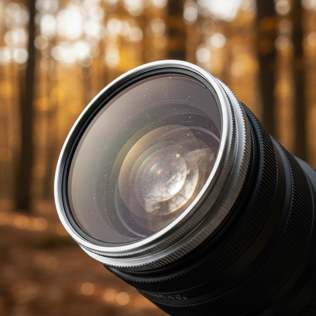 Primer plano de un objetivo fotográfico con lente de vidrio sobre un fondo desenfocado de bosque en otoño.