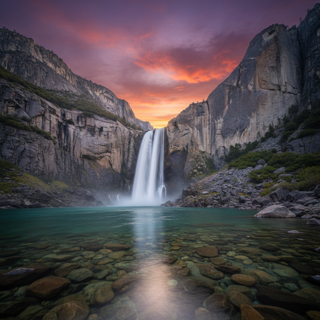 Impresionante cascada cayendo entre montañas de roca hacia un lago de aguas cristalinas bajo un cielo al atardecer.