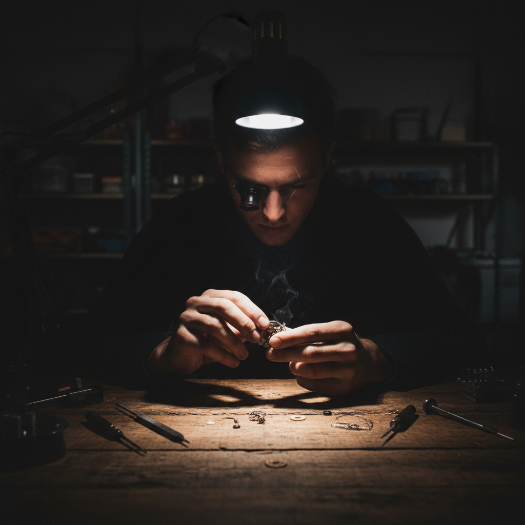 Relojero trabajando con una lupa de ojo sobre un mecanismo de precisión en un taller con iluminación focalizada.