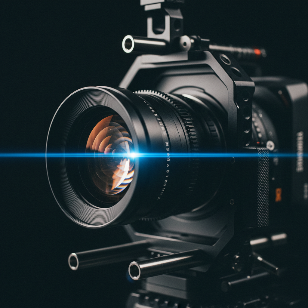 Cámara de cine profesional con lente de gran apertura y destello de luz azul horizontal sobre fondo negro.