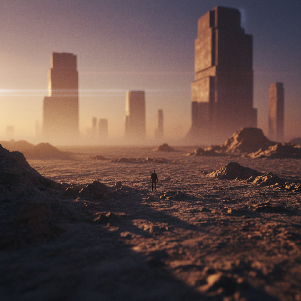 Una silueta humana solitaria de pie en un paisaje desértico y árido frente a un horizonte con edificios monumentales de arquitectura futurista bajo una luz dorada de atardecer.