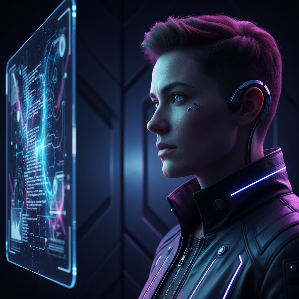 Mujer con implante cibernético interactuando con una pantalla de datos holográfica en un entorno futurista.