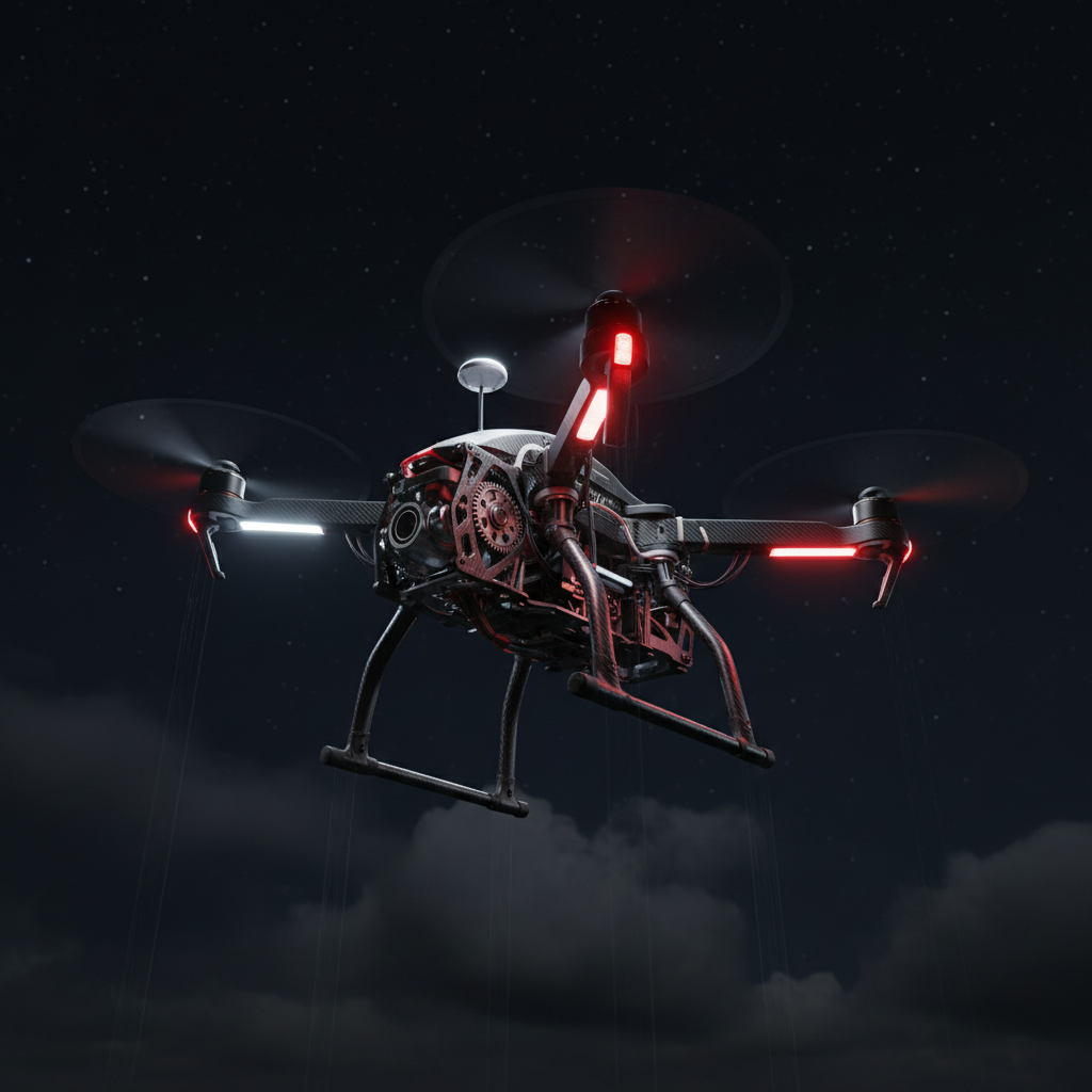 Dron tecnológico de alta tecnología volando de noche entre nubes con luces LED rojas.