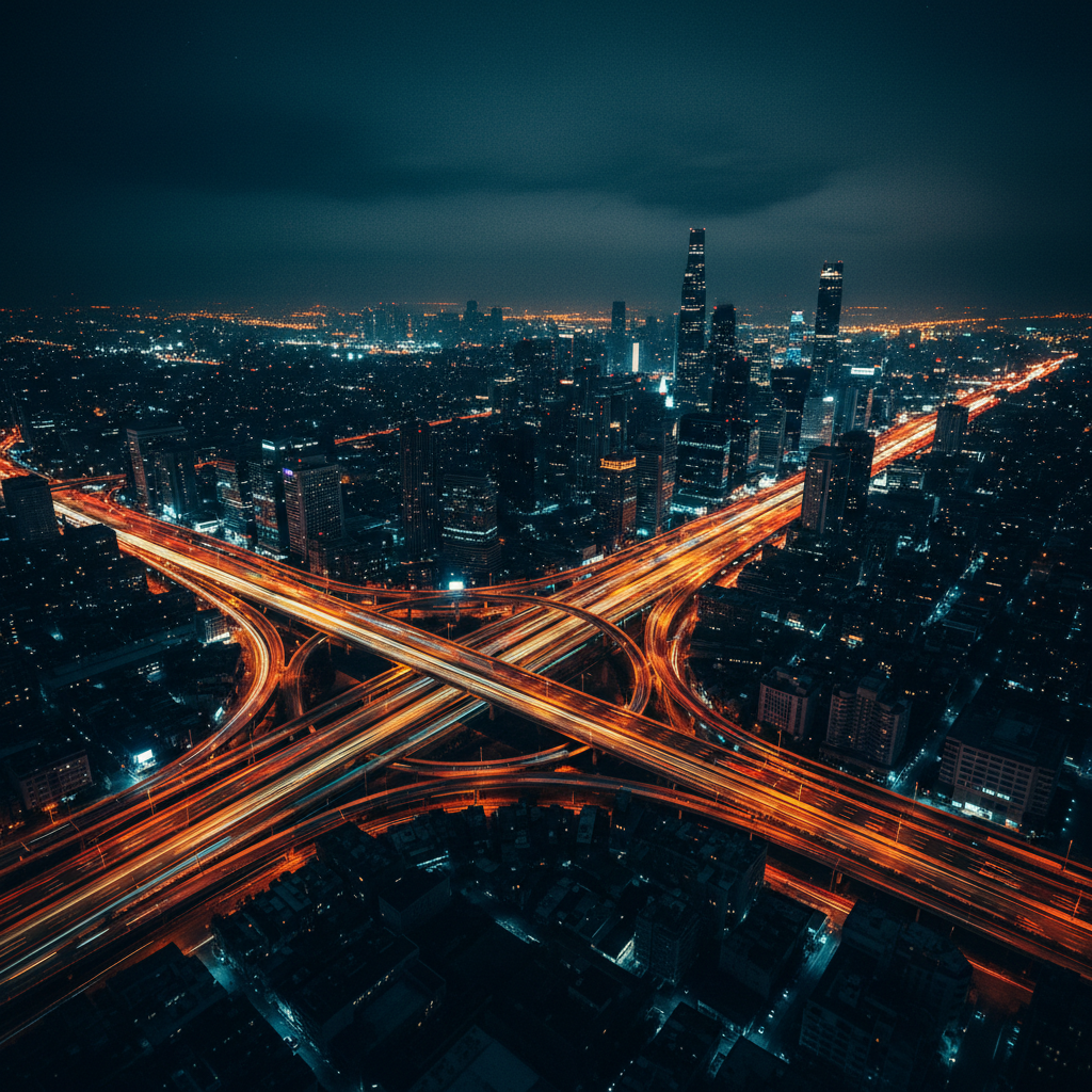 Vista aérea nocturna de una gran ciudad con rascacielos y un complejo intercambio vial con estelas de luz de tráfico.