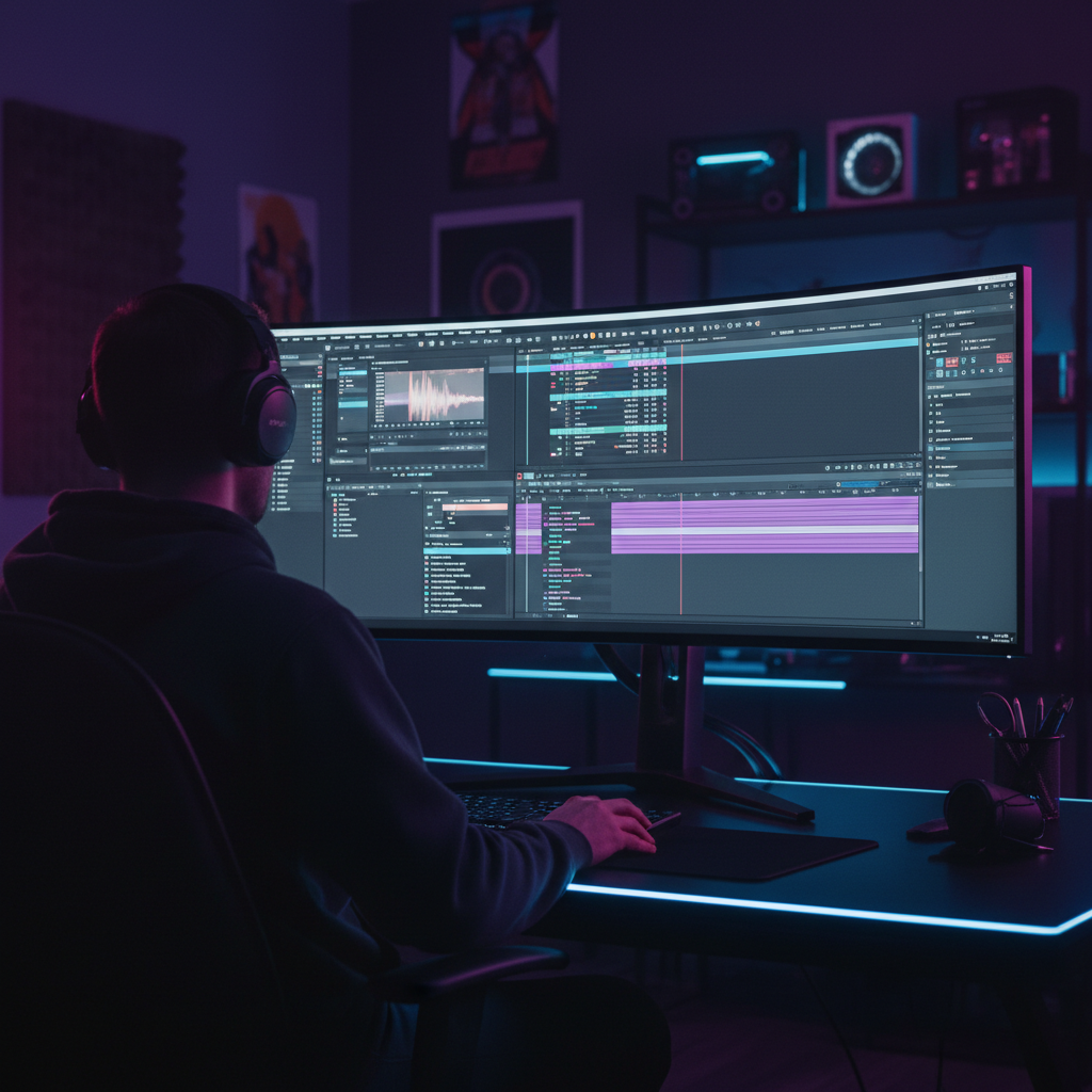 Joven con auriculares trabajando en la edición de audio y música frente a un monitor curvo ultra ancho en un estudio con iluminación LED de color neón.