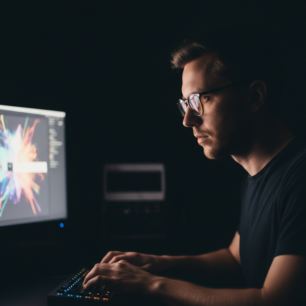 Joven programador con gafas trabajando frente a un ordenador en una habitación oscura.