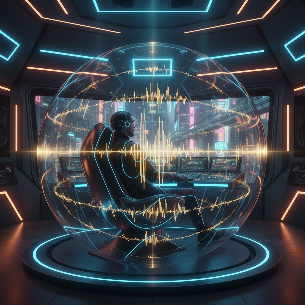 Persona con auriculares sentada en un panel de control futurista dentro de una esfera de cristal con ondas sonoras brillantes y vista a una ciudad cibernética.