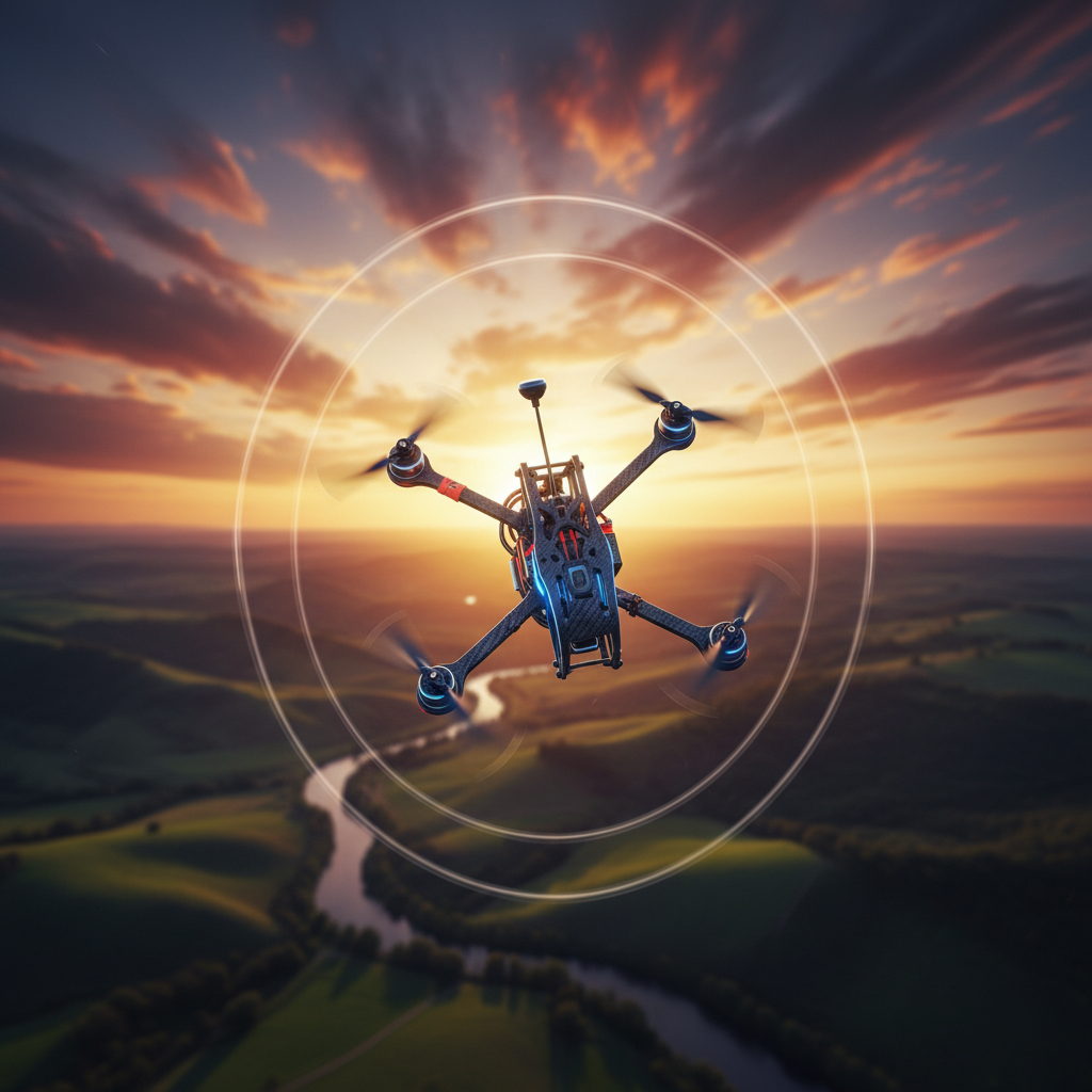 Dron de carreras cuadricóptero volando sobre un valle con un río al atardecer.