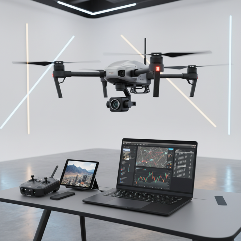 Dron profesional volando sobre una mesa con un ordenador portátil, una tableta y un mando de control en un estudio moderno.