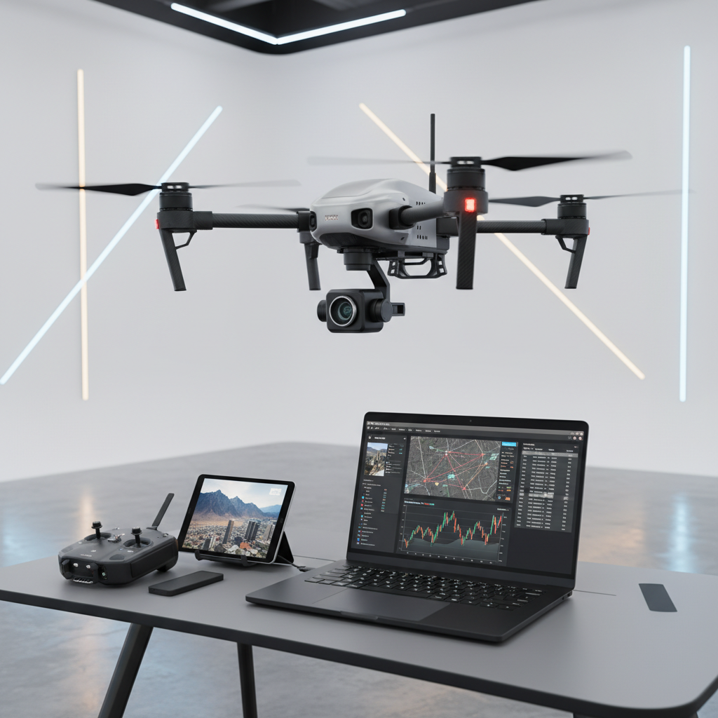 Dron profesional volando sobre una mesa con un ordenador portátil, una tableta y un mando de control en un estudio moderno.