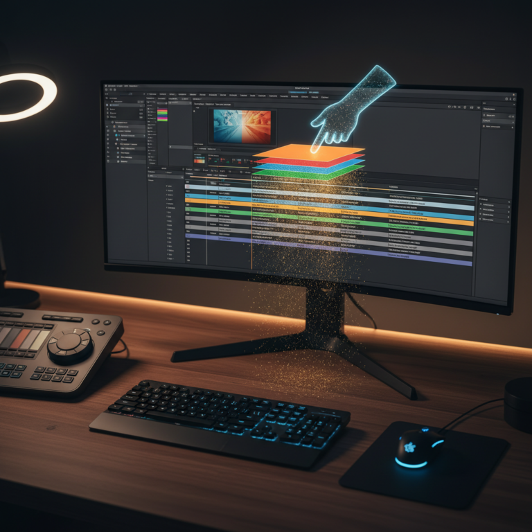 Monitor de computadora mostrando una interfaz de edición de video con capas flotantes y un cursor digital interactuando con ellas en un escritorio de oficina.