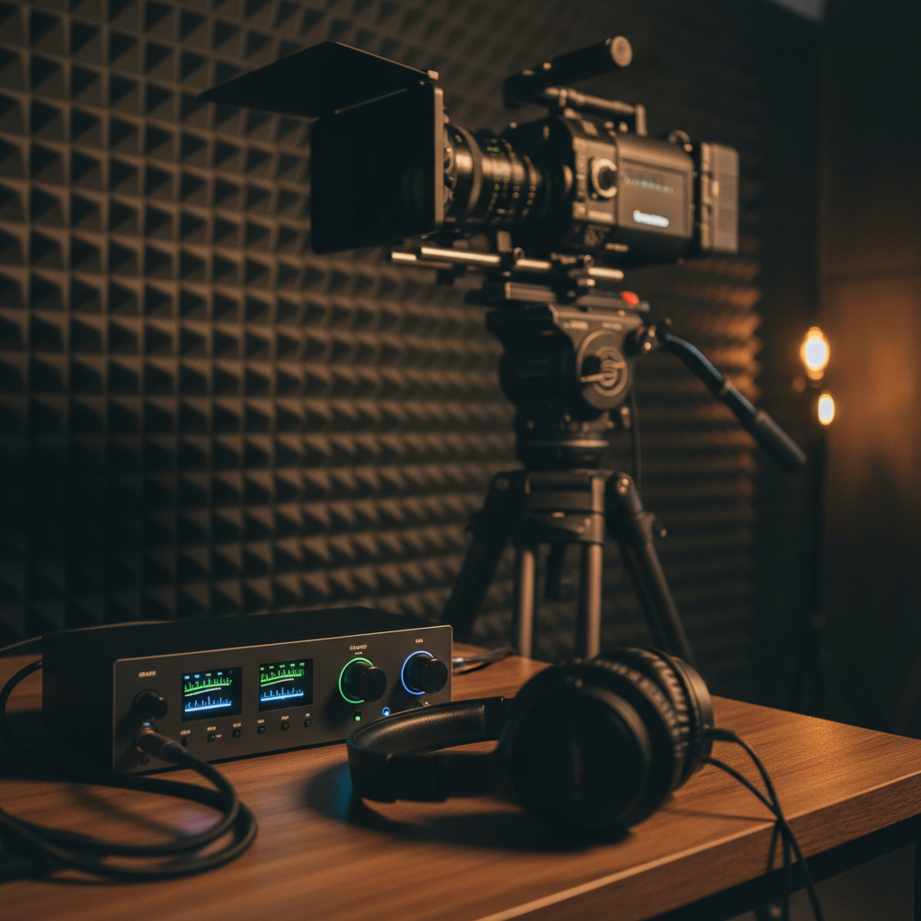 Un amplificador de audio con medidores analógicos junto a unos auriculares profesionales sobre una mesa de madera en un estudio de grabación con una cámara de vídeo al fondo.