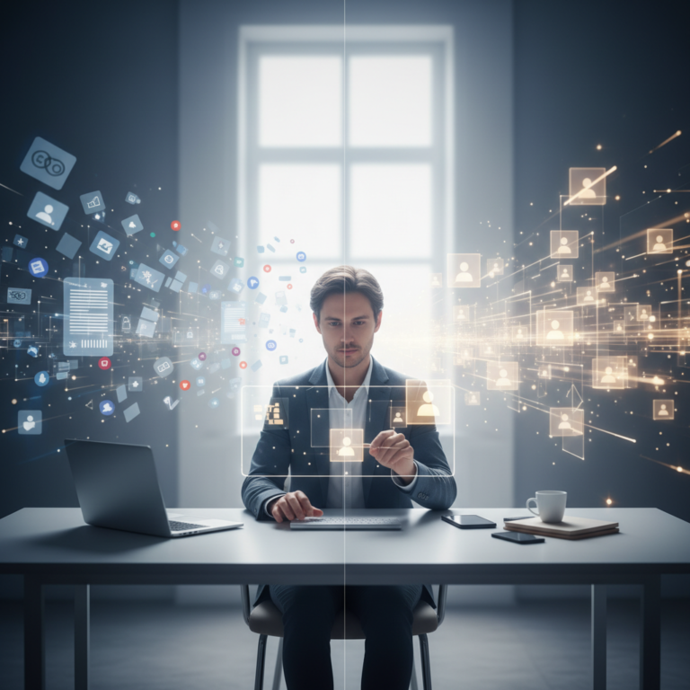 Hombre de negocios trabajando frente a un ordenador con proyecciones digitales de iconos y conexiones de red en una oficina.