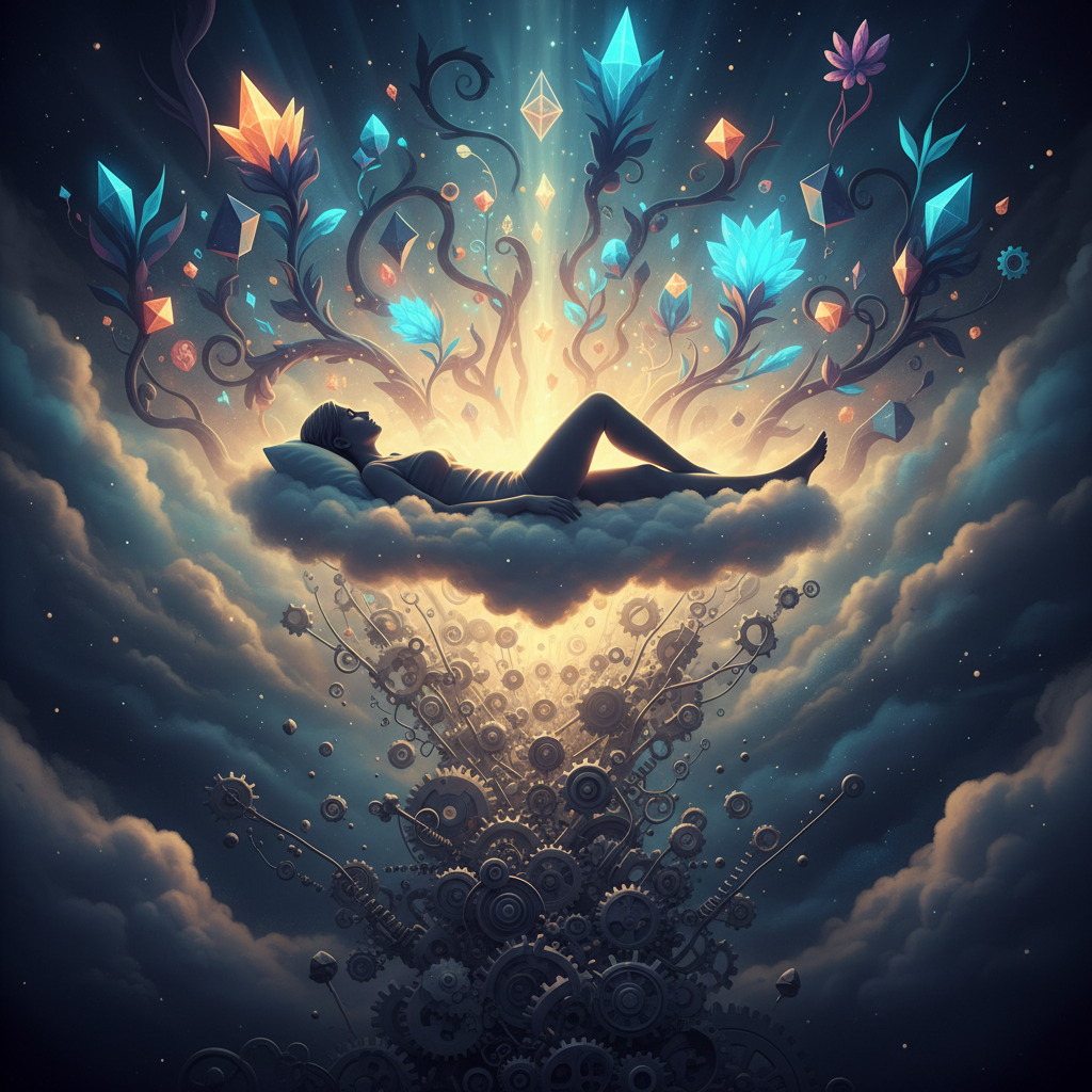 Persona durmiendo plácidamente sobre una nube rodeada de flores cristalinas y formas geométricas, con un complejo engranaje mecánico en la parte inferior.